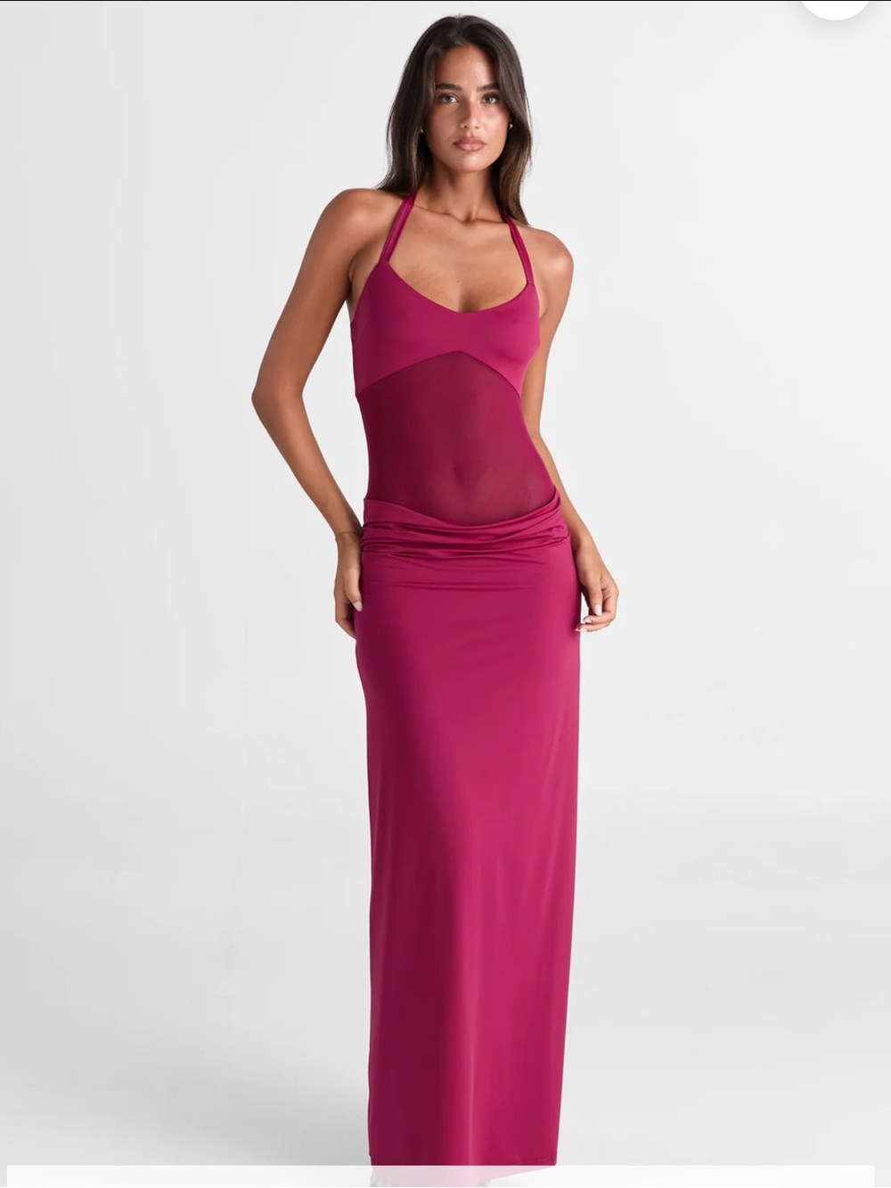 Sasha Therise Magenta Sheer-Panel Halter Maxi Dress